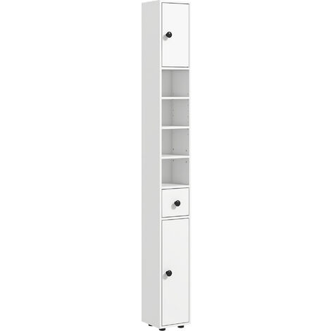 Kleankin – Colonne de salle de bain 2 portes 2 étagères 4 niches – Tiroir avec poignées métal noir – Panneaux blanc – Dimensions 20L x 20l x 180H cm