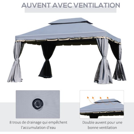 Tonnelle barnum pavillon de jardin style colonial double toit toile moustiquaires et toiles amovibles 3,9L x 2,9l x 2,8H m gris