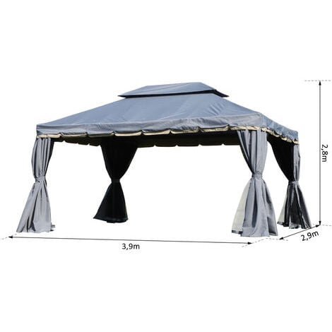 Tonnelle barnum pavillon de jardin style colonial double toit toile moustiquaires et toiles amovibles 3,9L x 2,9l x 2,8H m gris