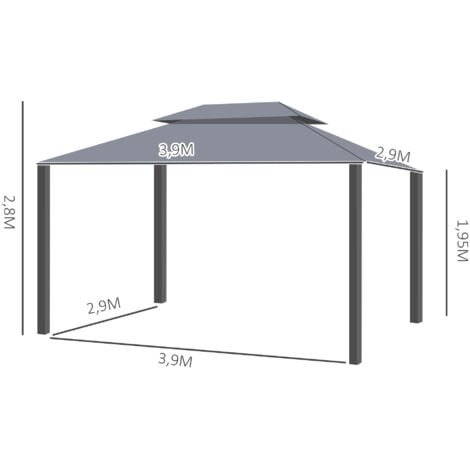 Tonnelle barnum pavillon de jardin style colonial double toit toile moustiquaires et toiles amovibles 3,9L x 2,9l x 2,8H m gris