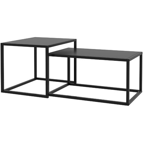 Lot De 2 Tables Basses Gigognes Verre Trempé - Design Acier Noir | Salon Moderne