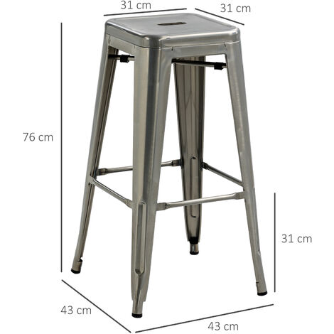 Lot de 4 tabourets de bar industriel empilables hauteur assise 76 cm métal argenté