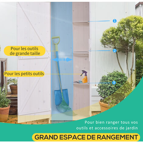 Armoire abri de jardin remise pour outils 3 étagères porte loquet toit pente bitumé 68L x 65l x 214H cm pin massif traité blanc