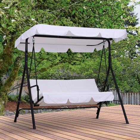 Balancelle de jardin 3 places toit inclinaison réglable coussins assise et dossier 1,72L x 1,1l x 1,52H m acier noir polyester blanc