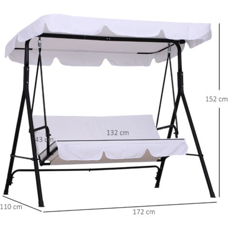 Balancelle de jardin 3 places toit inclinaison réglable coussins assise et dossier 1,72L x 1,1l x 1,52H m acier noir polyester blanc