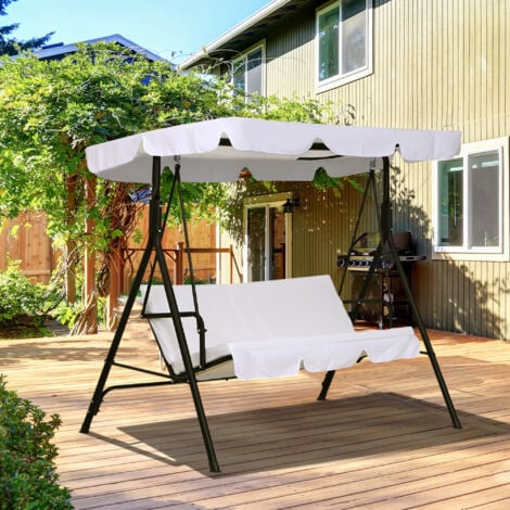 Balancelle de jardin 3 places toit inclinaison réglable coussins assise et dossier 1,72L x 1,1l x 1,52H m acier noir polyester blanc