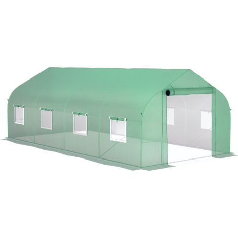 Serre tunnel grande taille 17,85 m² châssis tubulaire acier galvanisé renforcé 2,4 cm 8 fenêtres 1 porte vert (1/5)