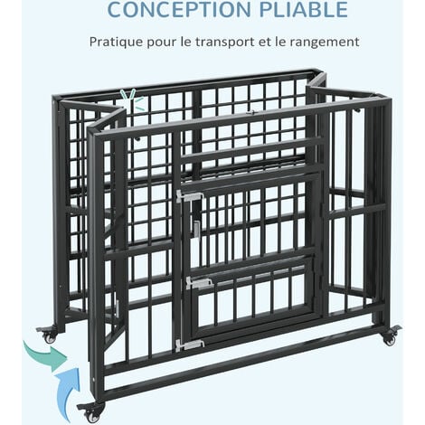 Cage pour chien animaux cage de transport sur roulettes pliable 3 portes verrouillables plateau amovible acier noir
