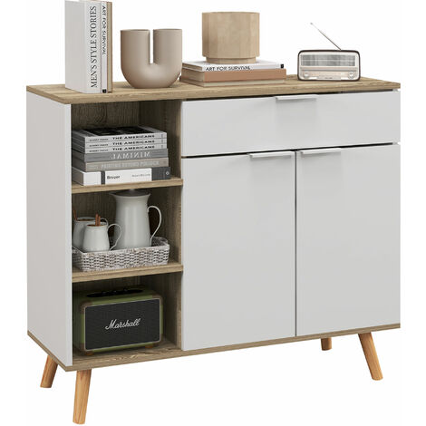 Homcom – Buffet scandinave 95x35x85cm – 2 portes, 1 tiroir, 3 niches – Panneaux blanc aspect chêne clair, piètement bois pin