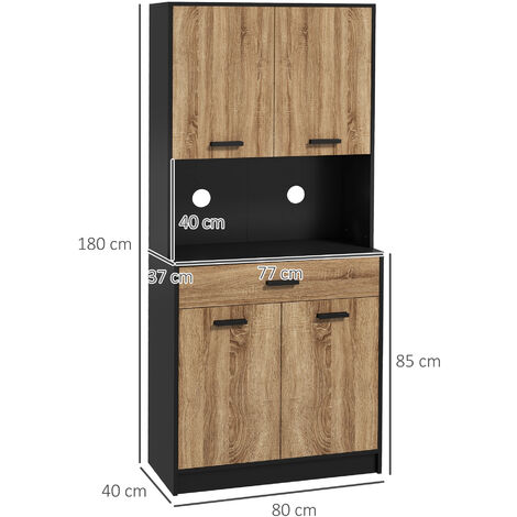 Buffet haut - armoire de cuisine multi-rangement - 3 portes, 4 niches,  tiroir - piètement métal noir panneaux particules aspect bois clair