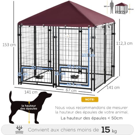 PAWHUT Chenil extérieur pour chien - cage chien - enclos chien - toile toit  imperméable anti-UV, porte verrouillable, 2 bols rotatifs - acier noir  oxford pourpre pas cher 