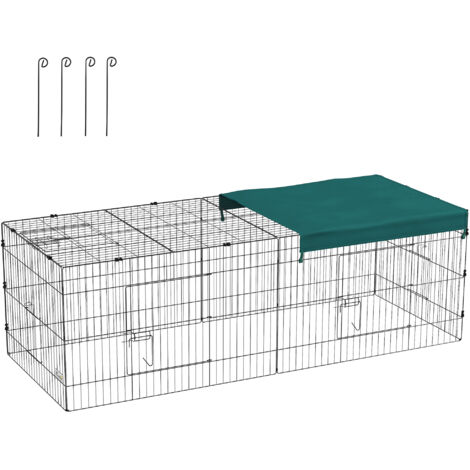 Pawhut – Parc enclos pour petits animaux – 2 portes, 3 trappes de nourrissage, toit ombragé – acier noir, polyester vert – 220L x 85l x 70H cm