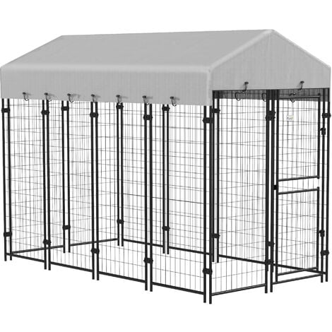 Chenil extérieur chien - cage chien - enclos chien - toile toit imperméable anti-UV, 2 portes verrouillables - acier noir PE gris