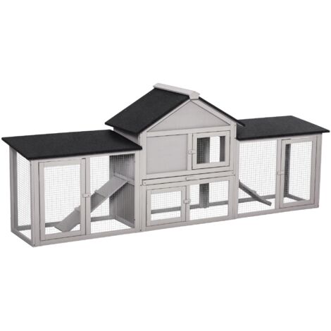 Clapier cage à lapins rongeurs XXL 2 étages toit bitumé intégral tiroir déjection 2,10L x 0,46l x 0,85H m bois pin pré-huilé gris