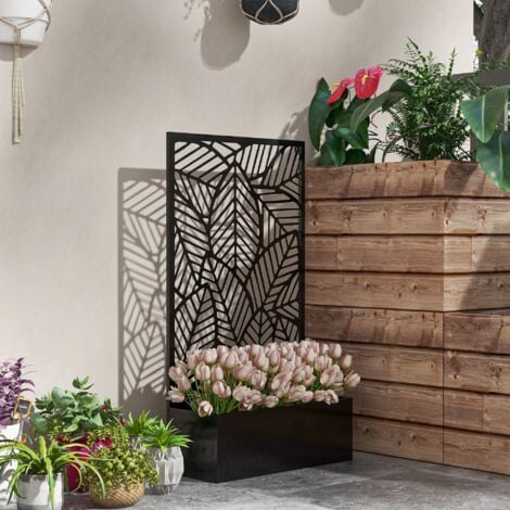 Jardinière avec treillis design - bac à fleurs - dim. 61L x 23l x 113H cm - fixation murale possible - métal époxy noir