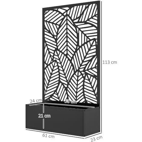 Jardinière avec treillis design - bac à fleurs - dim. 61L x 23l x 113H cm - fixation murale possible - métal époxy noir