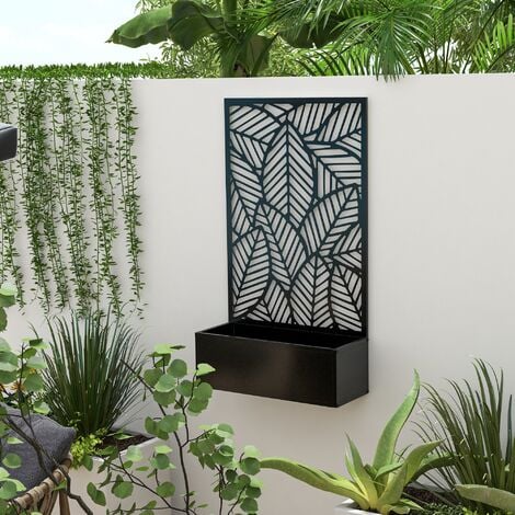 Jardinière avec treillis design - bac à fleurs - dim. 61L x 23l x 113H cm - fixation murale possible - métal époxy noir