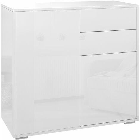 Homcom – Commode buffet blanc laqué 2 tiroirs coulissants – 2 portes avec étagères réglables – Dimensions 79 x 36 x 74 cm – Panneaux de particules E1