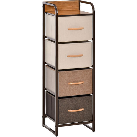 Meuble de rangement chiffonnier 4 tiroirs acier MDF aspect bois non tissé marron beige