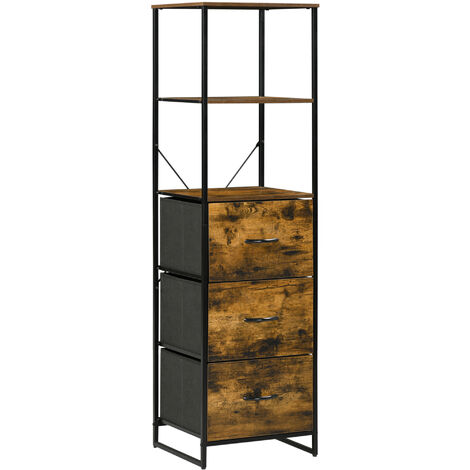 Homcom – Meuble colonne buffet industriel 3 tiroirs 3 étagères – Châssis acier noir – MDF aspect bois veinage – Dimensions 44L x 40l x 155H cm