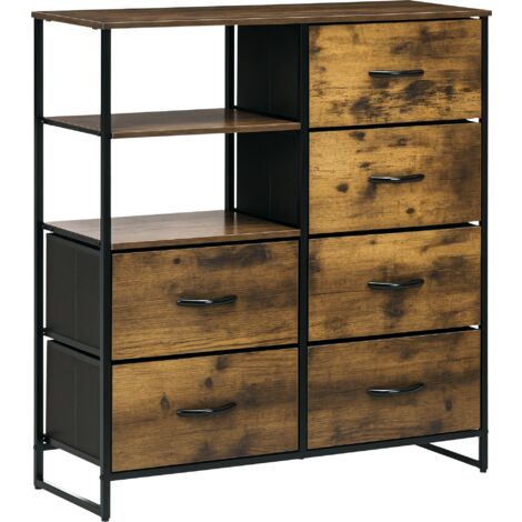 Homcom – Buffet industriel 84x30x92cm – 6 tiroirs, 2 niches – Châssis acier noir, MDF aspect bois – Pieds réglables, dispositif anti-basculement