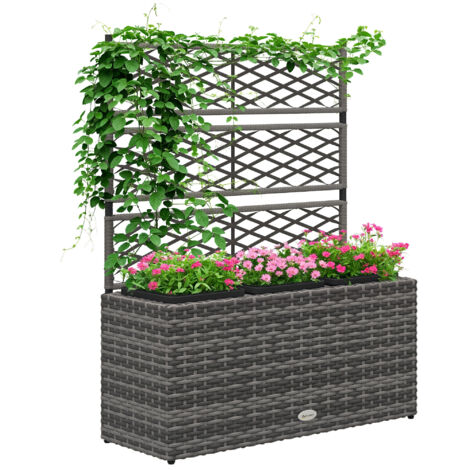 Outsunny – Jardinière avec treillis 84L x 30l x 107H cm – 3 bacs inserts d'irrigation inclus – PE imitation rotin tressé gris – Charge max. 30 kg (1/5)