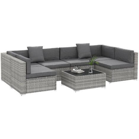 Ensemble salon de jardin 7 pièces modulables table basse plateau verre trempé coussins déhoussables inclus résine tressée imitation rotin gris