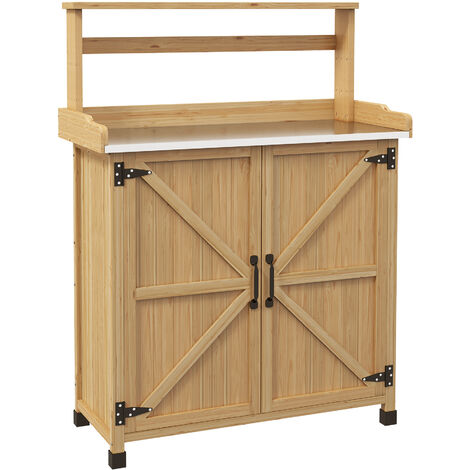 Table de rempotage jardinage - étagères, 2 portes avec étagère - plateau tôle acier galvanisé - bois sapin pré-huilé