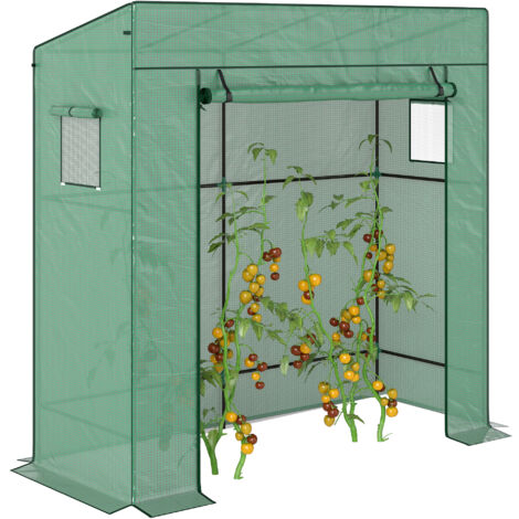 Outsunny – Serre adossée en acier 196L x 77l x 197H cm – Bâche polyéthylène avec porte enroulable et 2 fenêtres grillagées – Protection contre intempéries