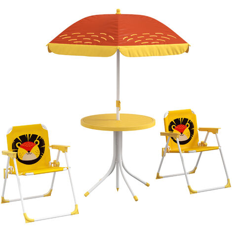 Outsunny – Ensemble salon de jardin enfant 4 pcs – 2 chaises pliables en acier – table ronde Ø49,5 cm – parasol réglable 86-122 cm – motif lion
