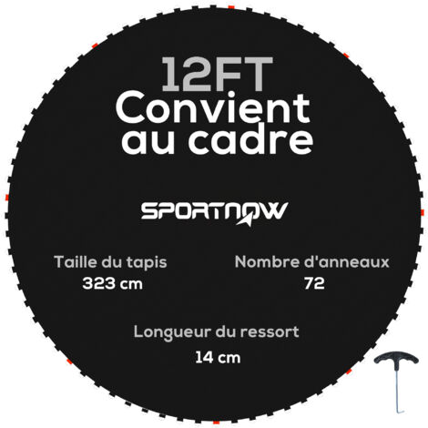 Tapis de rechange trampoline Ø 3,7 m ressorts 14 cm outil 72 crochets en V inclus blanc noir