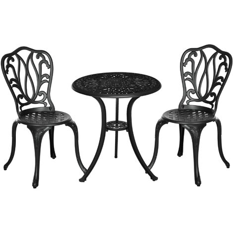 Outsunny – Salon de jardin extérieur 2 places – Ensemble table ronde Ø 60 cm et chaises – Aluminium noir avec trou parasol – Style rétro