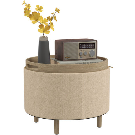 Homcom – Pouf rond repose-pieds coffre rangement plateau réversible – Tissu bouclette beige – Ø 35 cm – Pieds en bois massif – Charge max. 120 kg