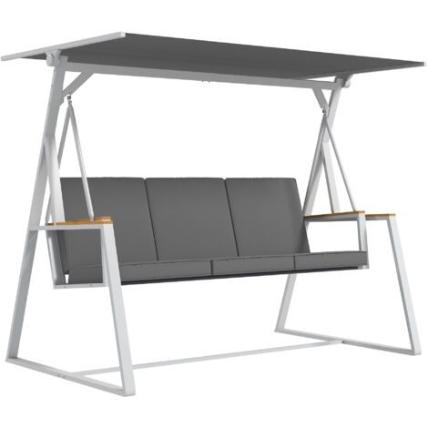 Balancelle de jardin design 3 places toit inclinaison réglable matelas fourni acier blanc tissu gris foncé