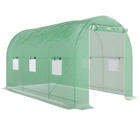 Outsunny – Serre tunnel 8 m² – Dimensions 4 x 2 x 2,05 m – Châssis tubulaire renforcé – Porte zippée et 6 fenêtres enroulables – Bâche 140 g/m²