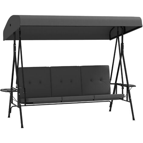 Balancelle de jardin 3 places grand confort - toit réglable, 2 tablettes latérales, coussins - acier polyester anthracite