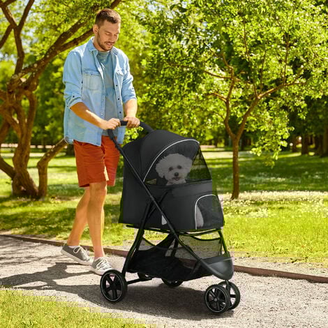 Poussette buggy pliable pour chien chat - 2 attaches, guidon réglable, panier - acier oxford noir