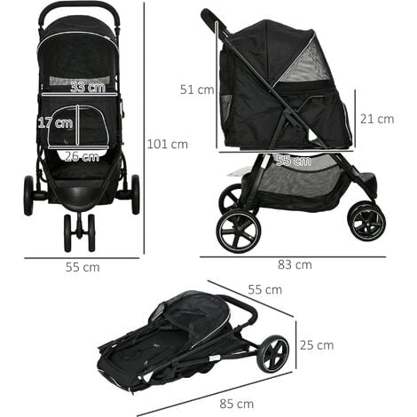 Poussette buggy pliable pour chien chat - 2 attaches, guidon réglable, panier - acier oxford noir