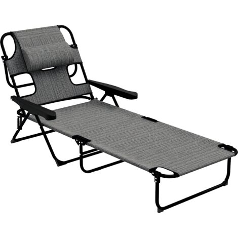 Bain de soleil transat pliable inclinable - coussins, espace tête - acier noir polyester gris chiné (1/5)
