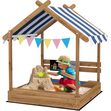 Outsunny – Bac à sable en bois forme de maison avec auvent – 2 bacs et évier – Tableau noir inclus – Dimensions 124x116x146 cm