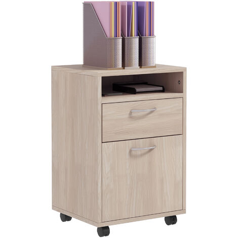 Homcom – Caisson de bureau à roulettes blanc – Tiroir coulissant – Placard et niche de rangement – Panneaux de particules 40L x 35l x 60H cm