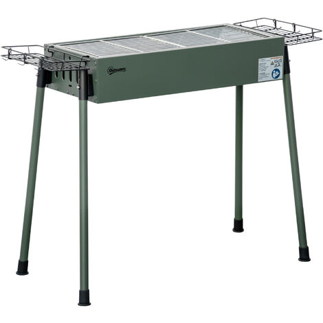 Barbecue à charbon portable - 2 grilles, 2 paniers latéraux - dim. 77L x 30l x 70H cm - acier émaillé vert