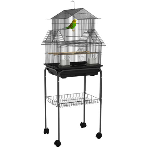 Pawhut – Cage à oiseaux 50,5 x 41 x 121 cm – Structure en métal avec 3 portes – Plateau amovible pour nettoyage facile – Noir