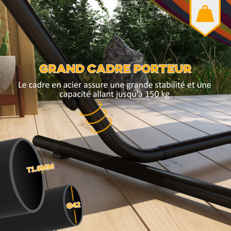 Hamac 2 Personnes Avec Porte-gobelet Et Base Acier - Gris, Coton - Charge Max 175 Kg - Pour Jardin, Intérieur - 4