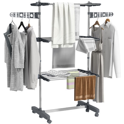 Homcom – Séchoir à linge pliable 3 niveaux – Acier inoxydable et ABS – Dimensions 142x55x152 cm – Charge max 30 kg – Ailes latérales pliables