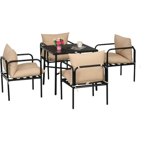 Outsunny – Ensemble table et chaises de jardin 4 places – Acier noir – Table 80x80cm avec plateau en verre trempé – Coussins déperlant (1/5)