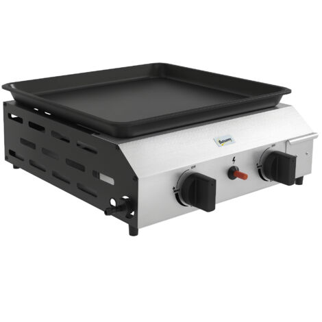 Plancha gaz portable antiadhésive 2 brûleurs 4,8 kW surface cuisson 40L x 34l cm acier inox émaillé