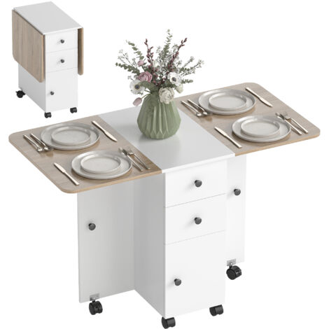 Homcom – Table pliante 120x60 cm – 2 tiroirs et placard – Panneaux aspect bois chêne blanc – Mobile avec roulettes
