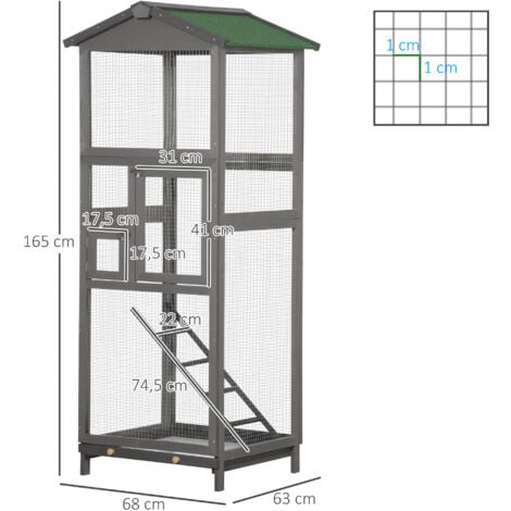 Cage à oiseaux volière grande taille 2 portes toit asphalte tiroir amovible bois gris