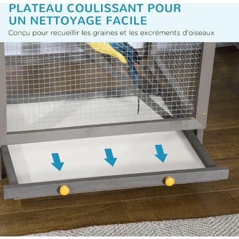 Cage à oiseaux volière grande taille 2 portes toit asphalte tiroir amovible bois gris